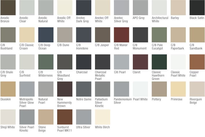 Prowler Proof fly screen powder-coat colour range
